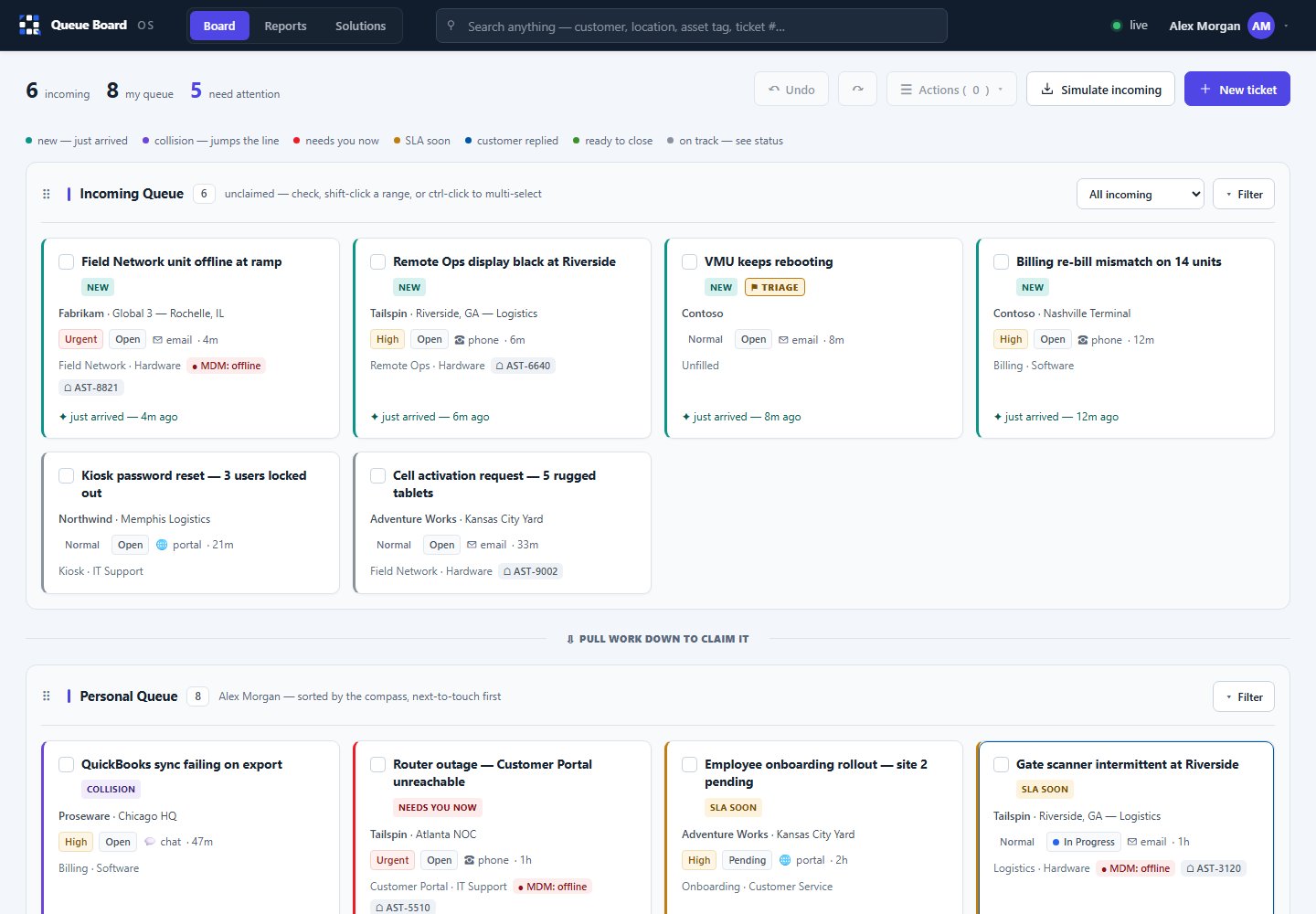 Queue Board showing incoming tickets and an agent's prioritized personal queue